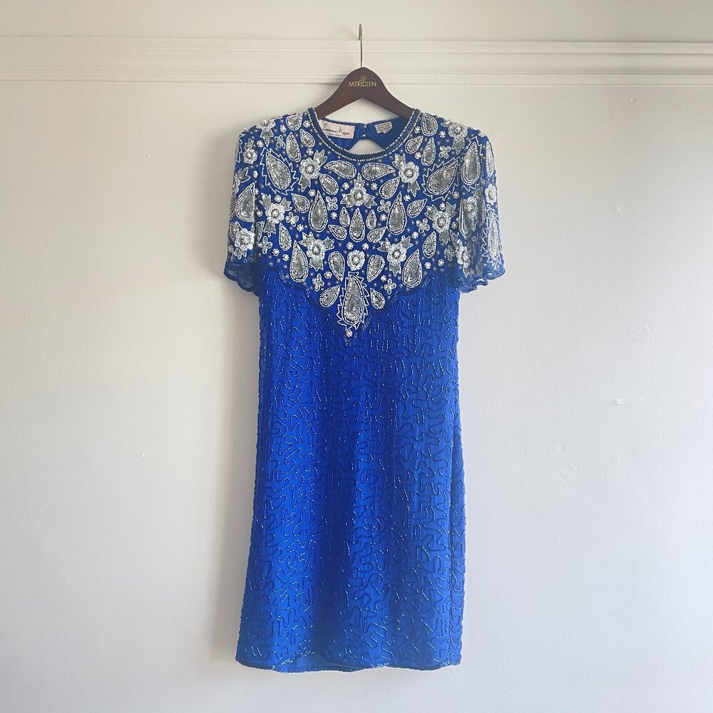 Vintage 80s Laurence Kazar 100% silk royal blue sequin/ beaded mini dress